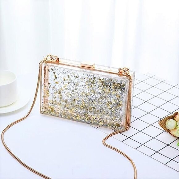 Womens Transparent Sequins Chain Clutch Evening Handbag Party Cross-body Purse S - Picture 4 of 7